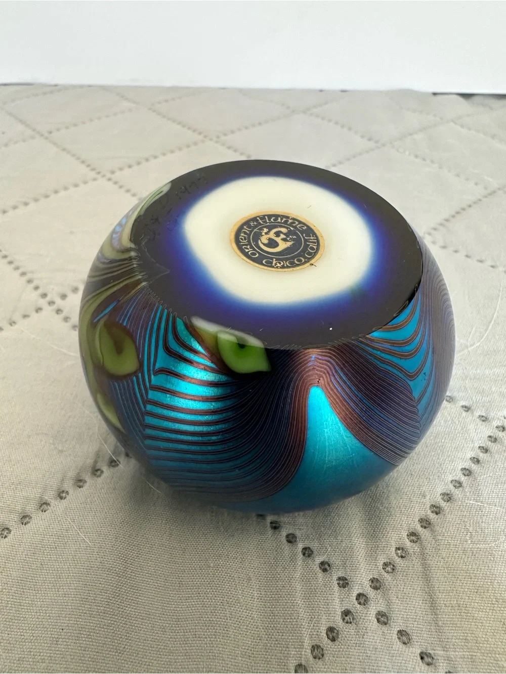 Vintage Orient & Flume Glass Blue & White Flower Iridescent Paperweight-1977